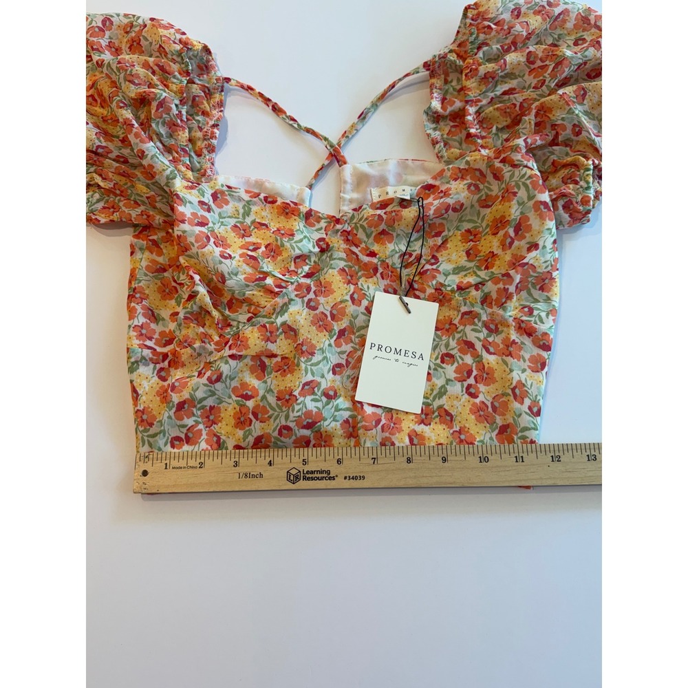Promesa Floral Puff Sleeve Crop Top Sweetheart Neck Open Back S New - Picture 5 of 7